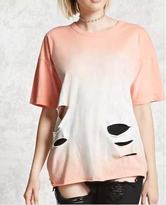 China New Arrival Fashion Gradient Color Hole Ladies Anti-Shrink T-Shirt for sale