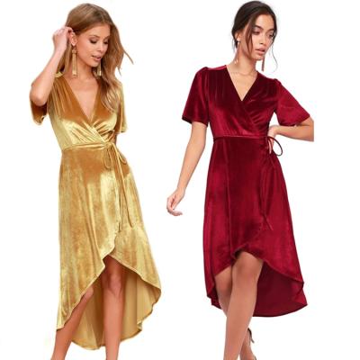 China Women's Asymmetric Velvet Bandage Party Dress Blazer Dress Anti-Static Deep V Short Sleeve Asymmetrical Bridesmaid Dresses for sale