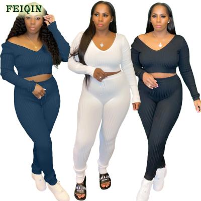 China 2022 Hot Selling Amazon New Arrival QUICK DRY Women Set Solid Color V Neck Tracker Skinny Women Sweatsuit Set Sweatpants Two Piece Set for sale