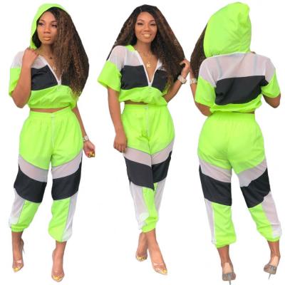 China Hot Selling Casual Patchwork Summer Women's Mesh Zipper Hoodies Sweatpants Two Piece Set QUICK DRY for sale