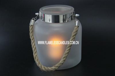 China Frosted Glass Jar With Rope With 1 PC LED Plastic Votive Candle with Frosted Votive Candle Holders for sale