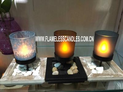 China Hotel or Home Decoration Glass Votive Candles with Metal Holder and Wooden Tray for sale