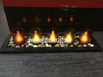 China Decorative Glass Votive LED Candles with Wooden Tray and Rock For Holiday Use for sale