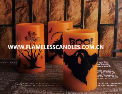 China Flameless LED Candles With Black Halloween Printing , Orange Wax Electronic Candle for sale