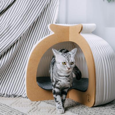 China 2020 New Product Sustainable Recycle Cardboard House Cat Wood Kitty House Burn Form Cat Bed Foldable Cat House For Ihpaper Honeycomb Paper for sale