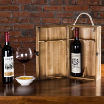 China Handmade Wooden Double Wine Bottle Lid Carrier Wine Box Wooden Wine Box for sale