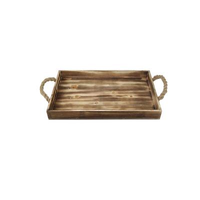 China China JUNJI Wooden Rectangular Tray With Rope Side Handles Fir Wooden Rolling Tray Wooden Tray for sale