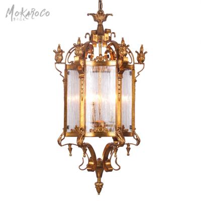 China Industrial Gold Leaf Cage Chandelier American Retro Hexagonal Figured Roman Gothic Glass Chandelier Courtyard Ceiling Lamp for sale