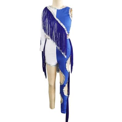 China Royal Blue Adult Stage Performance Gymnastics Costume One Leg Tassel Pantyhose Child Jazz Sequin Dance Pant White Dancer Tights for sale