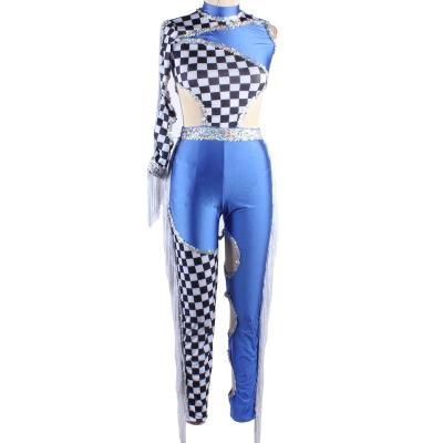 China Dress up black and white checker print dance leotard packing cheerleaders for dancing to wear tassel sequin long pants stage performance wear for sale