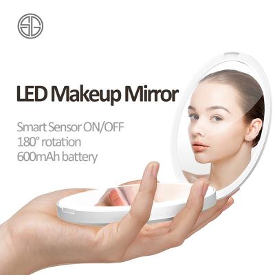 China Portable Lighted Make Up Girl Rechargeable Pocket Cosmetic Led Travel Handheld Makeup Handheld Magnifying Mirror With Light for sale