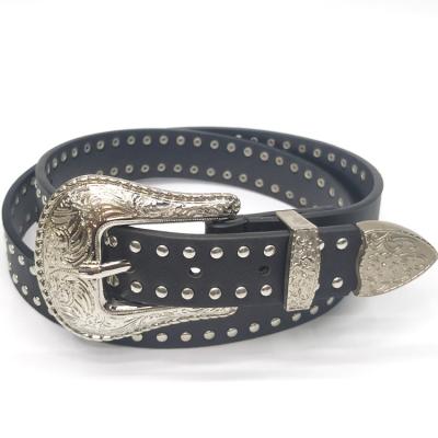 China Fanshion Luxury Silver Buckle Black PU Women Western Belt Riveted PU Kids Belt for sale