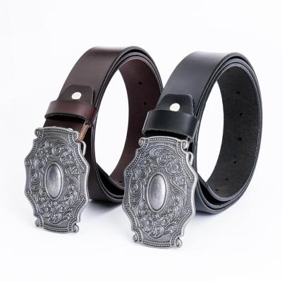 China Retro New Design Retro Metal Buckle Vintage Slit Floral Unisex Leather Belt for sale