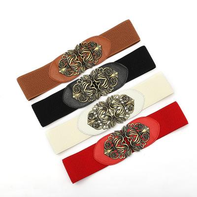 China 2022 Leisure Chinese Style Ladies Metal Flower Pattern Buckle Adjustment Vintage Women's Elastic Waist Belts for sale