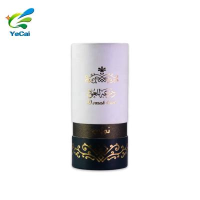 China Recycled Materials Custom Logo Gold Stamping Perfume Cardboard Box Luxury Round Perfume Oil Cardboard Jar Packaging for sale