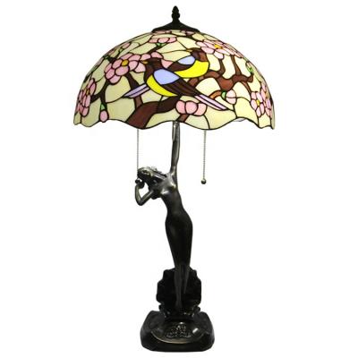 China EUROPEAN LongHuiJing 16 Inch Retro Tiffany Table Lamp 2Heads Bird Pull-Chain Night Stand Light With Women Carving for sale