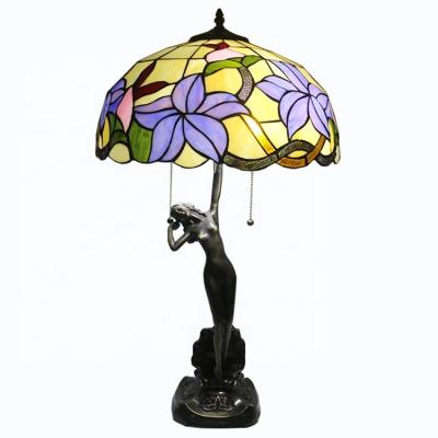 China EUROPEAN LongHuiJing 16 inch Floral Tiffany Style Stained Glass Table Lamp with Brass Girl Base 28.35 inch tall for sale