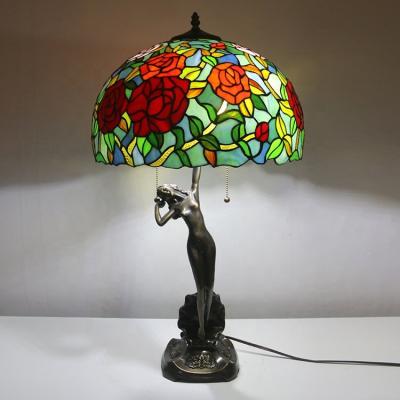 China LongHuiJing Rose Stained Glass Table Lamp LongHuiJing Red Tiffany Style Pull-Chain 2Heads Night Stand Light EUROPEAN With Women Carving for sale