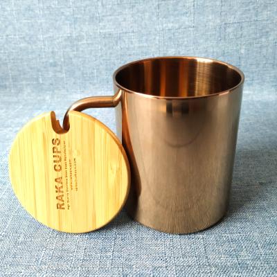 China Sustainable Double Wall Stainless Steel Rose Gold Coffee Mug with Bamboo Lid, Custom Laser Engraving Logo Mug for sale