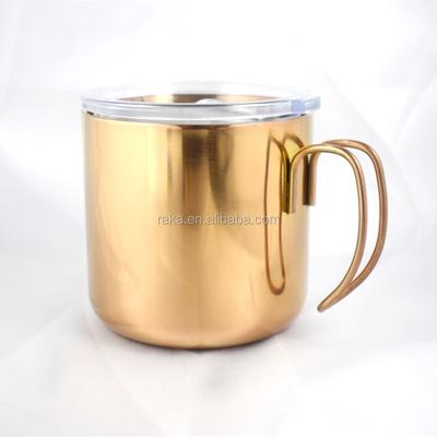 China Sustainable Stainless Steel Rose Gold Coffee Mug with Lid and Wire Hook Handle for sale