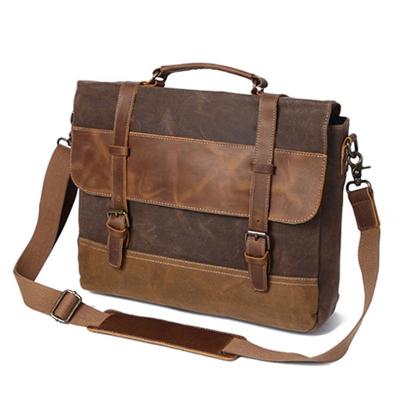 China Fashion In Stock Waterproof Waxed Canvas Leather Briefcase For Men Messenger Bag Shoulder Bag for sale