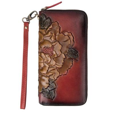 China RFID Vintage Fashion Embossing Genuine Leather Long Zipper Clutch Wallet Women 19*10cm for sale