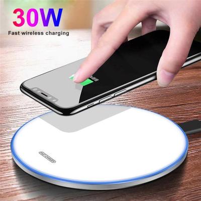 China For iphone or android phone for slim 30W Samsung LED light 30W metal Qi radio charger pad iPhone 12 mobile Android portable phone for sale