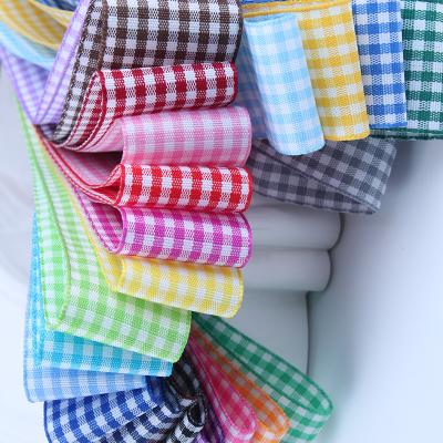 China Various widths of double-sided plaid material fabric striped satin ribbon for gift packaging decoration for sale