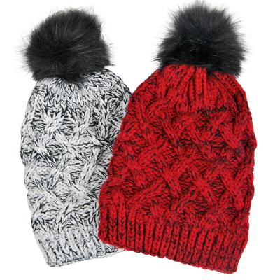 China Mix Chat Thick Warm Comfy Wholesale Customized Women And Men Knitted Hat With Pompom And Striped Sherpa Beanie Hat 2021 Winter Fashion Style for sale