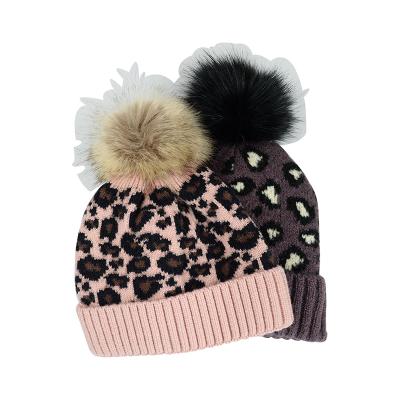 China Fashion Jacquard Hat Customized Velvet Stretch Jacquard Kids Hat Winter Leopard-Spot Wholesale Hat With Fur Pompom for sale