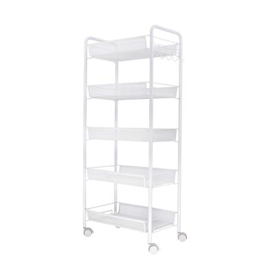 China Minimalist Easy Home Slim 5 Tier Metal Rolling Bathroom Storage Cart with Wheels for Small Spaces for sale