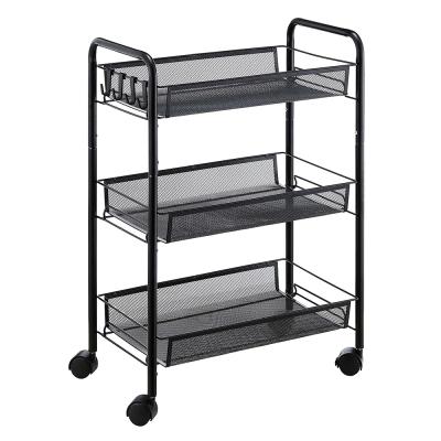 China Wholesale Black Minimalist Commercial Metal 3 Tier Grocery Kitchen Serving Cart, Metal Mesh Storage Shelf Utility Rolling Cart for sale