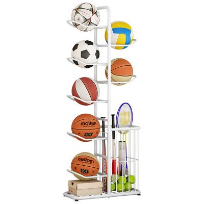 China Floor Home Ball Storage Rack Soccer Basketball Badminton Ball Rack Multifunctional White Basket Stored for sale