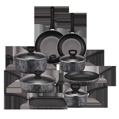 China 2022 New Viable Aluminum Cookware 12pcs Non-Stick Cast Aluminum Marble Coating Cookware Sets With Lid for sale