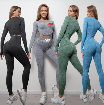 China QUICK DRY 2 PieceSet women Workout High Waisted Sports Leggings And Long Sleeve Crop Tops Yoga Wear Sports Set For Women Seamless Yoga Set for sale