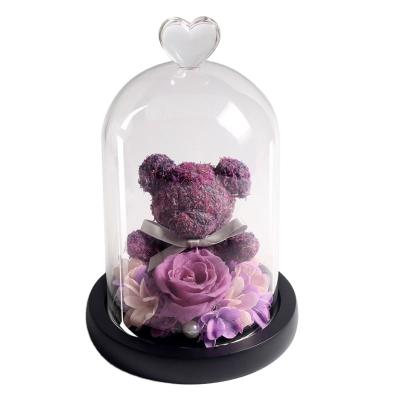 China Valentine Day Gift Wholesale Wedding decoration Valentine Day Gift Handmade Flower led light glass bottle preserved Rose Bear for sale