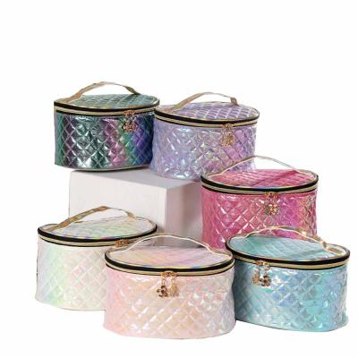 China New Fashion Plaid Pretty PU Holographic Makeup Case Bag Cosmetic Organizer for Lady for sale