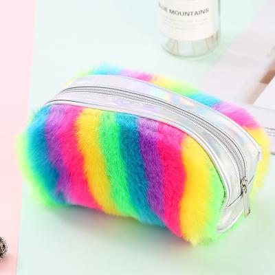 China Multicolor Rainbow Color Geometric Faux Fur Makeup Bag Cosmetic Case Pencial Bag Stationery Storage Bag High Quality for sale