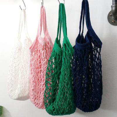 China Folding Reusable Twine Mesh Net Market Shopping Fruit Vegetable Bag With Long Handle Mesh Grocery Bag Foldable Washable for sale