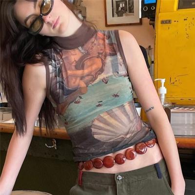 China new sale ladies summer fashion retro hot casual print anti-wrinkle stain tortoise neck short vest wholesale tops base for sale