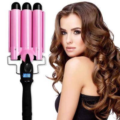 China Wave Hair Curling 3 Barrel Curling Iron Wand 1 Inch Ceramic Tourmaline Triple Barrels Beach Hair Waver Curler For Deep Waves, LCD Temp Display for sale