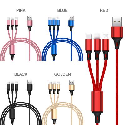 China Portable Commonly Used Accessories 1.2M 3 in 1 USB Nylon Braided Multi Cable Multi Charger Fast Charging USB Cable For Mobile Phone for sale