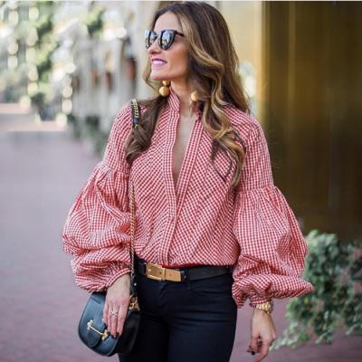 China 2021 newest fashion women's red blouse hot sale plaid anti-pilling lantern sleeve shirt women and tops ladies blouse for sale