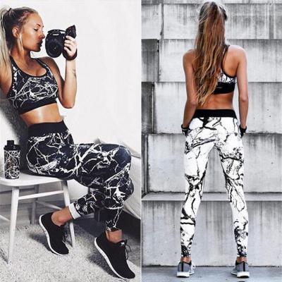 China 2021 Black And White Women Breathable Marbling High Waists Plus Size Activewear Gaiters Pockets Fitness Gaiters Nylon Gym Running for sale