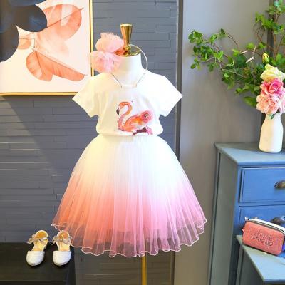 China Comfortable Breathble Kids Summer Set Flamingo Shortsleeve Tee+Gradient Gauze Skirt 2pcs Kids Clothes Sweet Costume Boutique Teenagers Clothing for sale