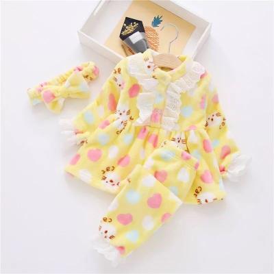 China New Arrival Autumn And Winter Girls Warm Baby Flannel Thermal Pajamas Three Piece Sleepwear for sale