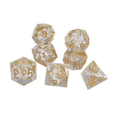 China Popular Dice Set 7pcs Amazon D&D Polyhedral Die Sets Transparent White Crystal Dies With Gold Foil for sale