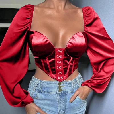 China Bubble Sleeve Button Back Zipper Satin Suspender Vest Workable Blouse Plus Size T-shirts Women Long Sleeve Blouse for sale