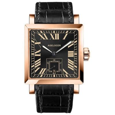 China Automatic Mens Roman Numerals Display Mechanical Black Luxury Business Watch Gold Power Reserve Case 100% Leather Waterproof 50m 3303D1 for sale