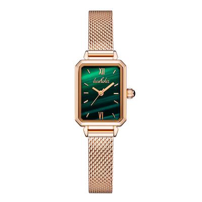 China Vintage Retro Quartz Border Square Malachite Mesh Belt Leather Ladies Watch Small Green Watch for sale